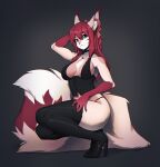  accessory anthro big_tail breasts brown_nose canid canine chest_tuft chizu_(rinnyrawr) choker cleavage clothed clothing colored_nails crouching dipstick_tail ear_tuft facial_markings female footwear fox fur gloves_(marking) green_eyes grey_background hair hair_accessory hair_bow hair_ribbon hand_behind_head hand_on_leg head_markings hi_res high_heeled_boots high_heels inner_ear_fluff jewelry long_hair looking_at_viewer mammal markings multicolored_body multicolored_fur multicolored_tail nails necklace panties raised_arm red_body red_fur red_hair red_nails ribbons shoes simple_background solo suelix tan_body tan_fur translucent translucent_hair tuft two_tone_body two_tone_fur underwear 