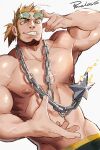  1boy abs bara bare_pecs beard blonde_hair brown_hair chain_necklace facial_hair hand_up head_tilt highres male_focus male_swimwear multicolored_hair muscular muscular_male nipples open_hand original pectorals powerlesssong short_hair smile solo star_(symbol) sunglasses swim_trunks swimwear tied_hair two-tone_hair 