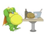  3_toes absurd_res alcohol anthro barefoot belly beverage big_belly biped bottomless bracelet canson cape claws clothed clothing colored crocodile crocodilian crocodylid crown digital_drawing_(artwork) digital_media_(artwork) donkey_kong_(series) fangs feet food furniture green_body green_scales hands_behind_head hi_res hungry jewelry king king_k._rool kremling licking looking_at_object male meat mostly_nude musclegut muscular muscular_anthro muscular_male navel nintendo non-mammal_navel obese obese_anthro obese_male outie_navel overweight overweight_anthro overweight_male pecs plantigrade reptile royalty rumbling_stomach scales scalie self_lick side_view simple_background solo standing table toe_claws toes tongue tongue_out turkey_meat video_games white_background 
