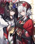  2021 2girls arrow_(projectile) azur_lane bangs black_choker black_gloves black_hair blush breasts choker ema eyebrows_visible_through_hair floral_print gloves grey_hair hair_ornament hamaya hat head_tilt highres holding holding_arrow horns iron_cross japanese_clothes kimono large_breasts long_hair long_sleeves looking_at_viewer multiple_girls myo_ne nurnberg_(azur_lane) obi oil-paper_umbrella parted_lips peter_strasser_(azur_lane) purple_eyes red_eyes sash smile star_(symbol) star_hair_ornament twintails umbrella very_long_hair w white_gloves wide_sleeves 