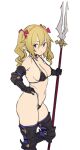  1girl armor bikini bikini_armor black_bikini black_choker black_gloves blonde_hair bow breasts choker closed_mouth elbow_gloves from_side gauntlets gloves greaves hair_bow hand_on_hip highleg highleg_bikini holding holding_spear holding_weapon houtengeki looking_at_viewer looking_to_the_side medium_breasts navel original pointy_ears polearm purple_eyes red_bow smile solo spear standing standing_on_one_leg swimsuit thighhighs twintails weapon white_background 