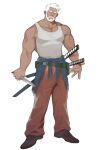  1boy absurdres bara bare_arms bare_shoulders beard dagger facial_hair full_body highres holding holding_dagger holding_weapon katana male_focus muscular muscular_male old old_man orange_pants original pectorals powerlesssong sheath sheathed short_hair solo sword tank_top weapon white_hair white_tank_top 