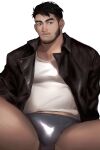  1boy bara beard belly black_hair black_jacket bulge expressionless facial_hair grey_male_underwear highres jacket latex latex_underwear leather leather_jacket male_focus midriff_peek muscular muscular_male open_clothes open_jacket original pectorals powerlesssong shiny shirt short_hair solo spread_legs thick_eyebrows thick_thighs thighs undercut white_shirt 