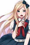  1girl bangs belt black_bow blonde_hair blush bow braid breasts collared_shirt commentary_request cowboy_shot danganronpa_(series) danganronpa_2:_goodbye_despair dress green_dress hair_bow hand_on_own_chest large_breasts long_hair looking_at_viewer multicolored multicolored_background nico_(nico_alice) open_mouth pinafore_dress puffy_short_sleeves puffy_sleeves red_bow red_neckwear shirt short_sleeves sleeveless sleeveless_dress smile solo sonia_nevermind tearing_up white_belt 