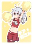  1girl alternate_costume alternate_hairstyle armpits blue_eyes cheering cheerleader commentary_request cowboy_shot crop_top hibiki_(kantai_collection) holding holding_pom_poms kantai_collection long_hair looking_at_viewer midriff navel pleated_skirt pom_poms red_legwear red_skirt silver_hair skirt solo thighhighs yellow_background yoru_nai 
