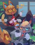  absurd_res achakura animal_crossing anthro blonde_hair blue_eyes blue_pawpads blush brown_body brown_fur clothed clothing domestic_cat duo electric_guitar eyes_closed eyewear feet felid feline felis female fingers fur glasses grey_body grey_fur guitar hair heterochromia hi_res inside katt_(animal_crossing) male mammal musical_instrument musical_note nintendo open_mouth orange_eyes pawpads playing_music plucked_string_instrument raymond_(animal_crossing) signature string_instrument telecaster toes video_games yellow_sclera 