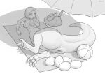  animal_genitalia ball beach beach_ball bodily_fluids breasts claws cloaca dinosaur dinosaur_taur dotoro_(artist) egg female genital_fluids genitals hair monochrome navel nipples nude oviposition reptile reptile_taur scalie scalie_taur seaside solo taur umbrella 