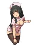  1girl black_hair breasts brown_legwear cleavage_cutout clothing_cutout cropped_legs dress hat houtengeki leaning_forward long_hair looking_at_viewer medium_breasts no_bra nurse nurse_cap original parted_lips pink_dress red_eyes short_dress simple_background solo thighhighs white_background wristband 