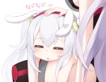  2girls :o animal_ears azur_lane bangs bare_shoulders blush breasts bunny_ears closed_eyes commentary_request eyebrows_visible_through_hair hair_between_eyes hair_ornament hairband kokone_(coconeeeco) laffey_(azur_lane) large_breasts long_hair lying multiple_girls on_lap on_stomach parted_lips petting prinz_eugen_(azur_lane) red_hairband simple_background translation_request twintails white_background white_hair 