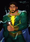  1boy bara beard bodysuit brown_hair bulge cape cowboy_shot dc_comics facial_hair glowing green_bodysuit hair_strand highres lightning_bolt lightning_bolt_print male_focus muscular muscular_male pectorals pedro_pena powerlesssong shazam_(movie) short_hair solo thick_thighs thighs thumbs_up undercut white_cape 