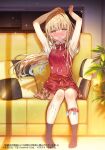  1girl apron arms_up bangs barefoot blonde_hair blush brown_eyes closed_mouth couch hanekoto highres indoors leaf long_hair looking_at_viewer original pillow plant red_skirt shirt short_sleeves sitting skirt solo tagme white_shirt 