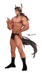  1boy abs animal_ears arknights bara brown_eyes brown_hair brown_male_underwear bulge cigarette cow_boy cow_ears cow_horns cow_tail earrings from_side hand_on_hip holding holding_cigarette horns jewelry jockstrap leg_hair looking_to_the_side male_focus male_underwear matterhorn_(arknights) medium_hair muscular muscular_male navel navel_hair nipples pectorals powerlesssong socks solo tail thick_thighs thighs underwear underwear_only 