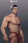  1boy abs ass bara beard black_hair bulge contrapposto cowboy_shot facial_hair green_eyes hair_strand highres jockstrap male_focus male_underwear muscular muscular_male navel nipples pectorals pokemon pokemon_(game) pokemon_swsh powerlesssong red_male_underwear rose_(pokemon) short_hair sketch smile solo thighs undercut underwear underwear_only 