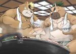  2021 angry anthro ashigara belly brown_body brown_fur canid canine canis detailed_background domestic_dog duo eating food fur hi_res hon55728 humanoid_hands inside kemono male mammal overweight overweight_male tokyo_afterschool_summoners towel ursid video_games yasuyori 