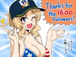  1girl ;d american_flag_bikini bikini black_headwear blonde_hair blue_eyes breasts cleavage clothes_writing commentary_request emblem english_text flag_print girls_und_panzer hair_up index_finger_raised kay_(girls_und_panzer) large_breasts long_hair looking_at_viewer medium_hair milestone_celebration motion_lines one_eye_closed oosaka_kanagawa open_mouth print_headwear saunders_(emblem) short_ponytail smile solo star_(symbol) swimsuit translated 