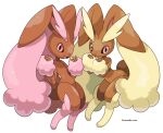  2girls :3 alternate_color animal_ears artist_name black_sclera body_fur brown_fur bunny_ears bunny_tail chromatic_aberration closed_mouth colored_sclera commentary flat_chest full_body furry gen_4_pokemon hands_up happy highres knees_together_feet_apart looking_at_viewer lopunny multiple_girls open_mouth pink_eyes pink_fur pokemon pokemon_(creature) rabbit_girl rorosuke shiny_pokemon simple_background smile standing tail twitter_username two-tone_fur watermark white_background yellow_fur 