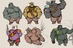  2019 balls black_body bottomwear brown_body bulge clothing flaccid genitals group hi_res humanoid male musclegut orc orc_humanoid overweight overweight_male pants penis pure_command scar 