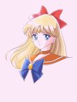  1girl bishoujo_senshi_sailor_moon blonde_hair blue_eyes blue_neckwear bow choker circlet cropped_torso earrings eyebrows_visible_through_hair floating_hair hair_bow jewelry long_hair looking_at_viewer orange_choker orange_sailor_collar parted_lips pink_background portrait red_bow sailor_collar sailor_senshi_uniform sailor_venus shiny shiny_hair simple_background solo y-yazaki2406 