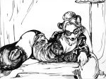  anthro big_breasts black_and_white breasts chaise_lounge cleavage clothed clothing curtains eyewear female glasses hair hyaenid jewelry lamp legwear lingerie looking_at_viewer lying mammal matilda_fotherby monochrome necklace on_side silkyfangs sketch solo spotted_hyena stockings 