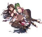  2girls absurdres anklet artist_name ass bangs bare_shoulders barefoot breasts brown_hair cleavage closed_mouth commentary da-cart dorothea_arnault earrings fire_emblem fire_emblem:_genealogy_of_the_holy_war fire_emblem:_three_houses fire_emblem_heroes full_body green_eyes green_hair hair_ornament highres jewelry large_breasts lene_(fire_emblem) loincloth long_hair looking_at_viewer looking_back lying multiple_girls nail_polish navel on_side one_eye_closed open_mouth pelvic_curtain ponytail revealing_clothes shiny shiny_clothes shiny_hair signature simple_background skin_tight soles stomach thighs tied_hair toe_ring toenail_polish toes torn_clothes underwear white_background 
