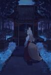  1girl animal_ears forest fox_ears fox_girl fox_tail full_body highres japanese_clothes miko nature night original outdoors scenery shrine sou_(pale_1080) standing statue tail 