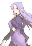  1girl black_gloves blue_eyes breasts caster dress elbow_gloves fate/hollow_ataraxia fate/stay_night fate_(series) from_side gloves gomtang light_purple_hair light_smile long_hair long_sleeves medium_breasts pointy_ears purple_dress purple_hair short_sleeves smile solo white_background 