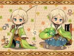  1boy 1girl blonde_hair blue_eyes blue_skirt brown_gloves chibi clover dual_persona earrings electricity fishing_rod four-leaf_clover fur_trim genderswap genderswap_(mtf) gloves grave green_robe holding holding_shovel jewelry kirjonen long_skirt magic mars_symbol pooka_(sekaiju) pote_(ptkan) sekaiju_no_meikyuu sekaiju_no_meikyuu_4 shield short_hair shovel skirt venus_symbol 