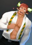 1boy abs absurdres animal_ears bara bare_pecs belt black_belt black_pants brown_eyes brown_hair bulge collared_shirt cow_boy cow_ears cow_horns cowboy_shot dark_skin dark_skinned_male dutch_angle facial_hair fiery_horns forked_eyebrows formal glowing_horns goatee heart highres horns male_focus miqi_(nnaf3344) muscular muscular_male navel necktie necktie_removed official_alternate_costume open_clothes open_mouth open_shirt pants pectorals shirt short_hair smile solo spiked_hair stomach stubble thick_eyebrows tokyo_houkago_summoners undressing wakan_tanka white_shirt 