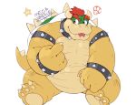  2021 anthro belly bowser hi_res humanoid_hands koopa male mario_bros megawaffle_(artist) nintendo overweight overweight_anthro overweight_male scalie simple_background sitting solo tongue tongue_out video_games white_background 