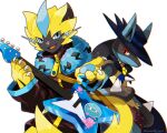  2boys :3 animal_ears artist_name black_fur blue_eyes blue_fur blue_headwear brown_coat cat_boy cat_ears cat_tail chromatic_aberration claws closed_mouth clothed_pokemon coat commentary_request cosplay ears_through_headwear electric_guitar fang fur_collar furry gen_1_pokemon gen_4_pokemon gen_7_pokemon guitar hands_up happy hat highres holding holding_instrument instrument legendary_pokemon lightning_bolt lightning_bolt_print long_sleeves looking_at_viewer lucario magnemite male_focus multiple_boys mythical_pokemon open_mouth pawpads paws plectrum poke_ball_symbol poke_ball_theme pokemon pokemon_(anime) pokemon_(creature) pokemon_m08 pokemon_rse_(anime) reaching_out red_eyes rorosuke sideways_mouth simple_background sir_aaron sir_aaron_(cosplay) smile spikes splatter standing tail transparent twitter_username two-tone_fur watermark whiskers white_background wolf_boy wolf_ears yellow_fur zeraora zipper_pull_tab 