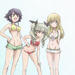  3girls :d anchovy_(girls_und_panzer) arms_behind_back artist_name bad_id bad_twitter_id bangs bikini bikini_shorts black_hair black_ribbon blonde_hair braid breasts brown_eyes carpaccio_(girls_und_panzer) closed_mouth commentary drill_hair erakin eyebrows_visible_through_hair frilled_bikini frills front-tie_bikini front-tie_top girls_und_panzer green_bikini green_eyes green_hair groin hair_ribbon hand_on_hip hands_on_hips highres leaning_forward long_hair looking_to_the_side medium_breasts mismatched_bikini multiple_girls navel open_mouth pepperoni_(girls_und_panzer) red_bikini red_eyes ribbon short_hair shorts side_braid signature sketch smile standing strapless swimsuit traditional_media tubetop twin_drills twintails white_bikini yellow_bikini 