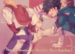  3boys addy_(@vegeebs) ass ass_grab blonde_hair bodysuit boku_no_hero_academia cape character_request english_text from_behind gloves highres male_focus meme midoriya_izuku multiple_boys muscular muscular_male parody parody_request pectorals red_cape red_gloves short_hair skin_tight spiked_hair subtitled thick_thighs thighs togata_mirio white_bodysuit 