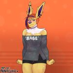  1:1 anthro boxer_briefs canid canine choker clothed clothes_too_small clothing ear_piercing ear_ring eeveelution embarrassed english_text female fox freckles fur hair hi_res jewelry jolteon looking_at_viewer mammal multicolored_hair muscular muscular_anthro muscular_female necklace nintendo nipple_outline nipple_piercing nipples off_the_shoulder piercing pinup pok&eacute;mon pok&eacute;mon_(species) pok&eacute;morph pose princeluxio simple_background solo sweater text thora_(princeluxio) tight_clothing tomboy topwear torn_clothing underwear video_games yellow_body yellow_fur 