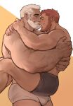  2boys age_difference arm_hair ass bara beard black_male_underwear blush bulge carrying couple face-to-face facial_hair from_side highres hug jang_ju_hyeon kiss legs_apart male_focus multiple_boys muscular muscular_male nose_kiss orange_hair original short_hair thighs underwear underwear_only veins white_hair white_male_underwear yaoi 