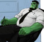  1boy bara beard belly black_pants bulge colored_skin facial_hair fangs fat fat_man formal green_skin highres jang_ju_hyeon looking_at_viewer male_focus monster_boy muscular muscular_male necktie orc original pants pectorals pointy_ears shirt short_hair sitting sleeves_rolled_up solo thick_thighs thighs white_shirt 