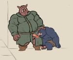  2019 anthro balls belly blue_body bottomwear brown_body clothed clothing duo erection genitals humanoid_genitalia humanoid_hands humanoid_penis male male/male mammal musclegut overweight overweight_male penis pure_command shorts suid suina sus_(pig) wild_boar 