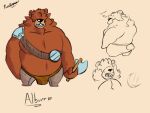  2019 anthro black_nose bottomwear brown_body brown_fur butt clothing fur male mammal musclegut overweight overweight_anthro overweight_male pants pure_command simple_background solo text ursid weapon 