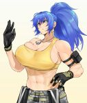  1girl anagumasan bangs belt biceps blue_eyes blue_hair breasts cleavage dog_tags earrings gloves highres jewelry large_breasts leona_heidern midriff muscular muscular_female pants pouch solo sweatdrop tank_top the_king_of_fighters the_king_of_fighters_xiv the_king_of_fighters_xv yellow_tank_top 