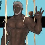  1boy abs bara beard biceps blue_nails bright_pupils completely_nude dark_skin facial_hair food food_on_body glowing glowing_eyes highres holding holding_food ice_cream male_focus muscular muscular_male nipples nude original pectorals powerlesssong shiny shiny_skin short_hair solo very_dark_skin white_hair 