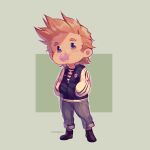  1boy addy_(@vegeebs) alternate_costume blonde_hair blue_eyes blue_jacket blush boku_no_hero_academia casual chewing_gum chibi denim full_body hands_in_pockets highres jacket jeans looking_at_viewer male_focus pants short_hair solo spiked_hair togata_mirio 