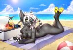  2021 anthro areola beach breasts canid canine day detailed_background digital_media_(artwork) eyebrows eyelashes f-r95 female lying mammal nipples nude on_front outside sand seaside shoreline sky smile solo water yellow_eyes 