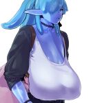  1girl bag blue_slime breasts choker cleavage gen&#039;en_(sioherashi) gigantic_breasts handbag heart heart-shaped_pupils lips monster_girl original plump sagging_breasts simple_background slime solo symbol-shaped_pupils white_background 