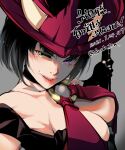  1girl black_choker black_hair breasts choker cleavage close-up collarbone commentary_request electric_guitar green_eyes guilty_gear guilty_gear_xrd guitar hat heterochromia highres i-no instrument koda1ra large_breasts lips living_clothes looking_to_the_side mole mole_above_mouth no_bra o-ring o-ring_top off_shoulder parted_lips portrait purple_eyes red_headwear short_hair solo translation_request upper_teeth witch_hat 