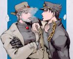  2boys amputee arm_on_shoulder beard beige_jacket black_hair black_headwear chain cigarette facial_hair gakuran grey_hair hat holding holding_cigarette jacket jojo_no_kimyou_na_bouken joseph_joestar kujo_jotaro male_focus mechanical_arm multiple_boys muscular muscular_male old old_man open_clothes open_jacket pectorals school_uniform short_hair smoke smoking sweatdrop upper_body wahoma_(takuwahu) 