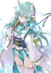  100 1girl aqua_hair aqua_kimono bangs blush breasts dragon_horns fan fate/grand_order fate_(series) folding_fan highres horns japanese_clothes kimono kiyohime_(fate/grand_order) long_hair long_sleeves looking_at_viewer multiple_horns smile thighhighs thighs white_legwear wide_sleeves yellow_eyes 