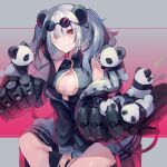  1girl animal animal_ears arknights black_dress black_hair black_jacket breasts cleavage cleavage_cutout clothing_cutout commentary_request dress eyewear_on_head fang feater_(arknights) feet_out_of_frame highres jacket large_breasts looking_at_viewer mechanical_arms medium_hair multicolored_hair off_shoulder panda panda_ears sasa_onigiri sitting skin_fang solo sunglasses twintails two-tone_hair white_hair yellow_eyes 