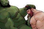  2boys abs bara beard between_pecs blush chest_hair colored_skin completely_nude cum cum_on_body cum_on_pectorals erection facial_hair fangs from_side green_skin hand_on_another&#039;s_head headband interspecies jang_ju_hyeon licking licking_penis male_focus male_pubic_hair monster_boy multiple_boys muscular muscular_male navel_hair nipples nude orange_hair orc original pecjob pectorals penis plump pointy_ears pubic_hair short_hair size_difference smirk uncensored yaoi 