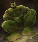  1boy abs bara beard bulge chest_hair colored_skin crotch_grab facial_hair fangs feet full_body green_skin highres jang_ju_hyeon loincloth male_focus monster_boy muscular muscular_male navel_hair nipples orc original pectorals pointy_ears reward_available short_hair soles solo spread_legs thick_thighs thighs underwear underwear_only 