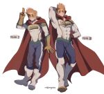  2boys addy_(@vegeebs) age_progression arm_behind_head blonde_hair blue_eyes blue_pants blush bodysuit boku_no_hero_academia boots contrapposto covered_abs covered_navel full_body highres knee_boots male_focus multiple_boys muscular muscular_male pants pectorals salute short_hair smile spiked_hair thighs tight tight_pants togata_mirio toned toned_male two-finger_salute white_bodysuit 