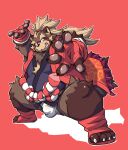  2021 anthro belly brown_body brown_fur bulge canid canine clothing fur goemon_(tas) humanoid_hands kemono male mammal overweight overweight_anthro overweight_male raccoon_dog red_background simple_background solo takagi_kyou tanuki tokyo_afterschool_summoners underwear video_games 